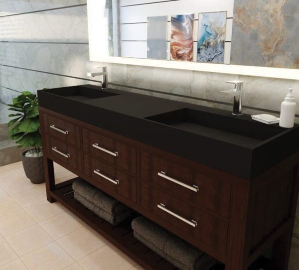 dark wooden double vanity with solid surface tops in a modern bathroom: solid surface vanity tops.