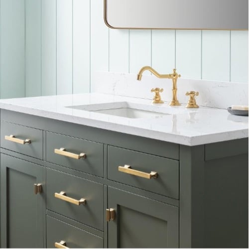 single bathroom vanity with quartz closeup