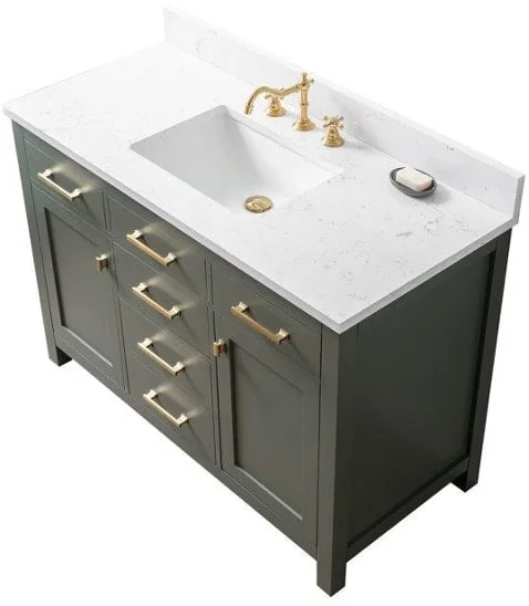 single bathroom vanity with quartz side view