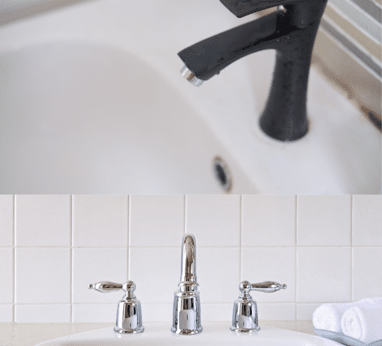 Close-up of two bathroom faucets: top is a modern black design, bottom is classic chrome. Bathroom Faucet Installation Cost.