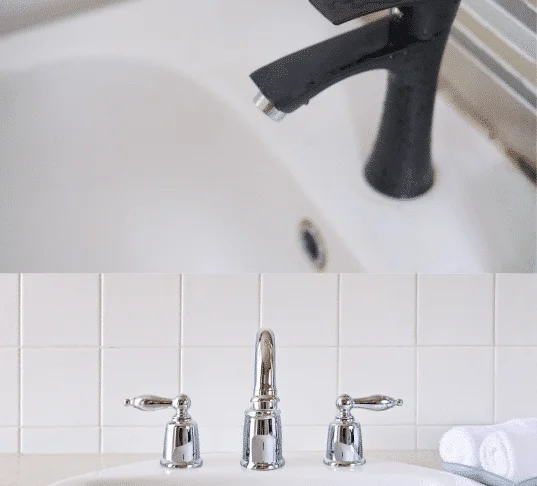 Close-up of two bathroom faucets: top is a modern black design, bottom is classic chrome. Bathroom Faucet Installation Cost.