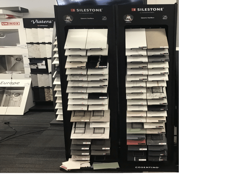 Display racks of Silestone samples for countertops in a Vancouver, BC showroom. Silestone Vancouver.