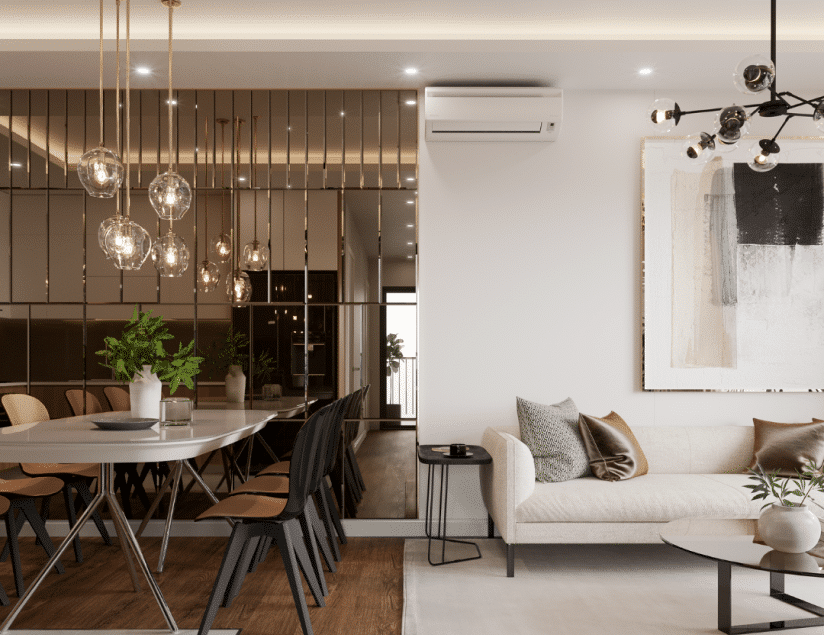 Elegant dining and living space after upscale apartment renovations