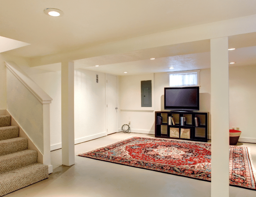 Brightly lit basement with carpet, TV area, and stairs by a remodeling company