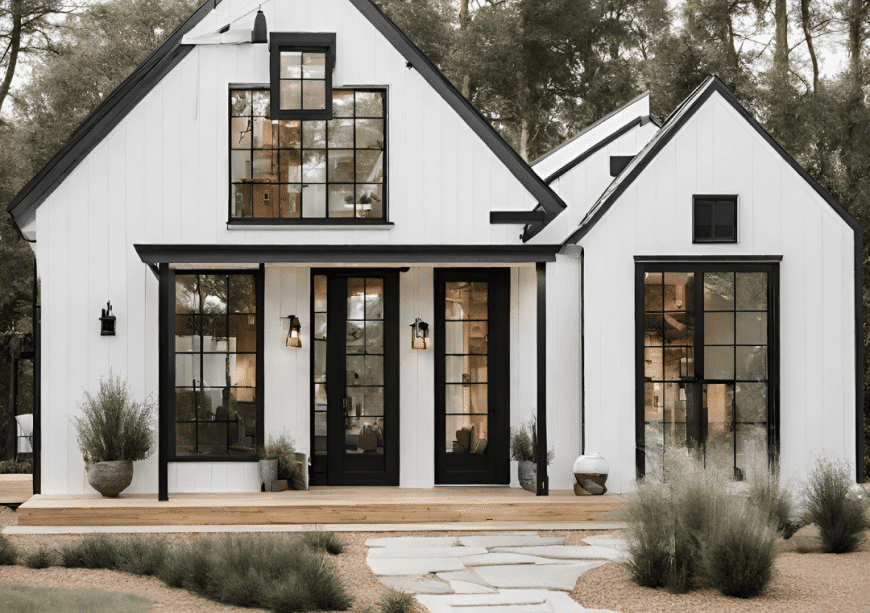 Chic modern farmhouse with black trim and large windows, perfect for Vancouver laneway housing