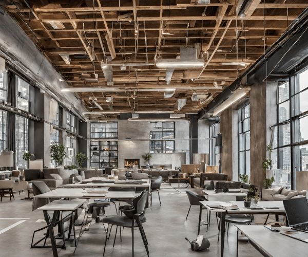 Chic commercial renovation in Vancouver showcasing a modern workspace with exposed ceiling beams and urban decor.