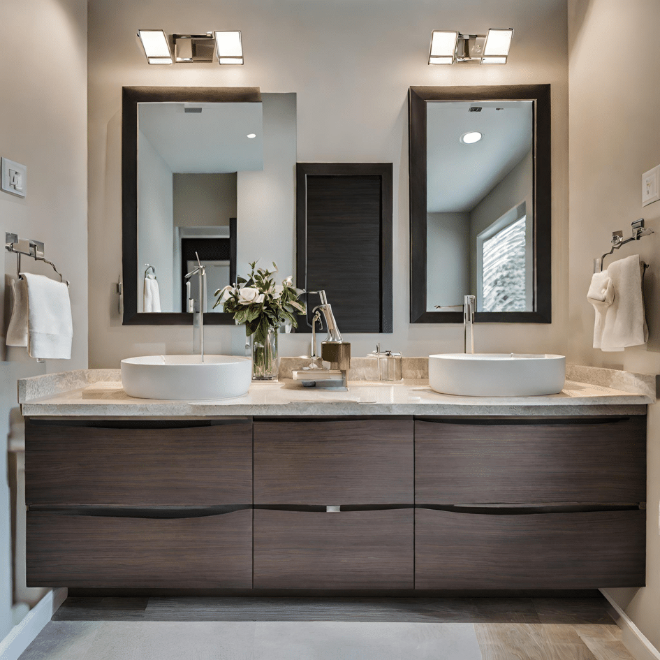 Stylish bathroom in Vancouver featuring dark wooden dual vanity with round vessel sinks, large mirrors, and elegant fixtures.