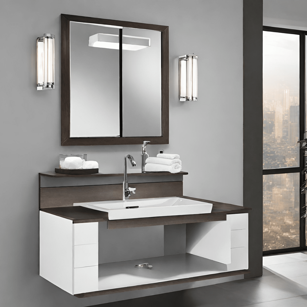 Modern bathroom vanity in Vancouver with sleek design and wall-mounted mirror, featuring clean lines and a spacious countertop.