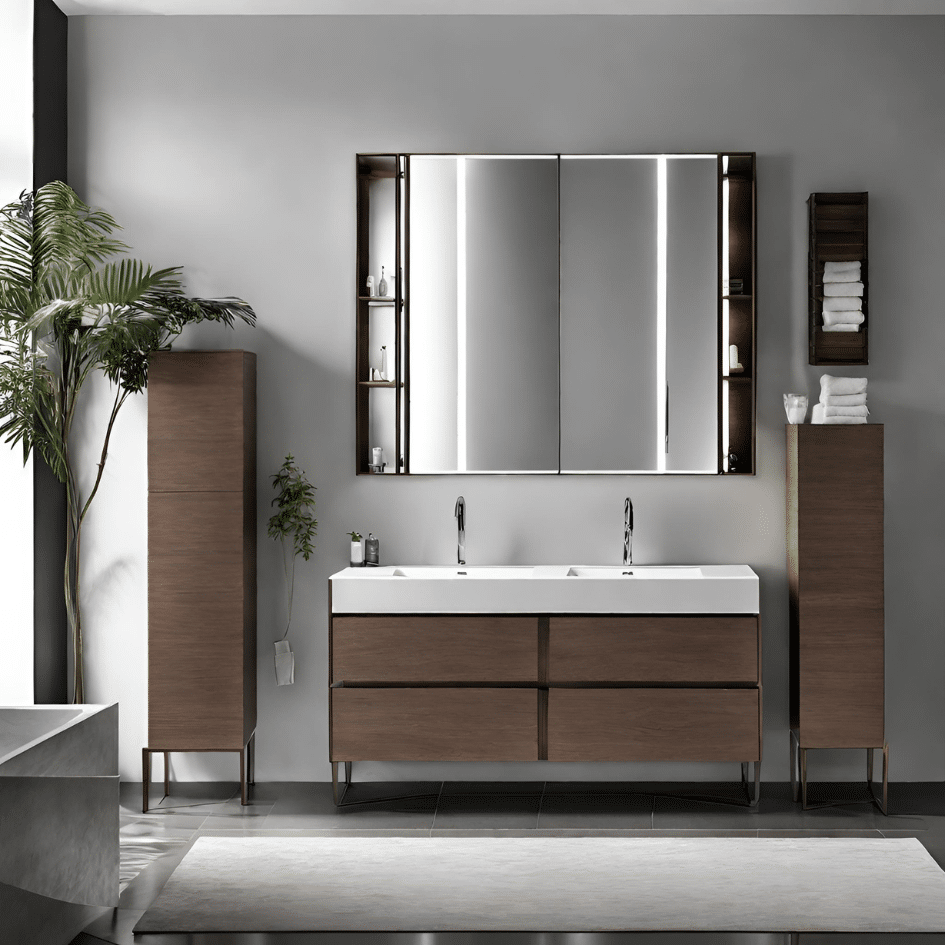 Bathroom vanity Vancouver: Modern freestanding vanity with double sinks, large mirrors, and wooden cabinetry in a sleek bathroom setting with tropical plants and minimal decor.