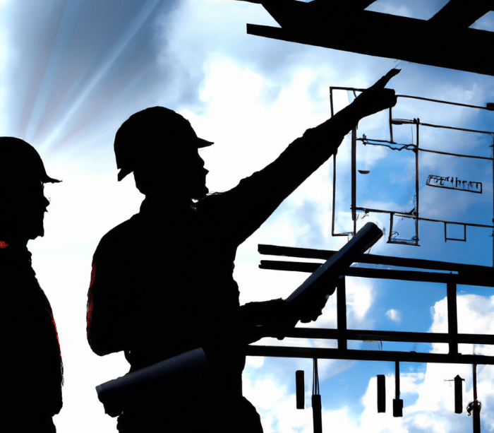 Silhouettes of two structural engineers discussing over architectural blueprints at a construction site against a vivid sky in Vancouver: Structural engineering firm.