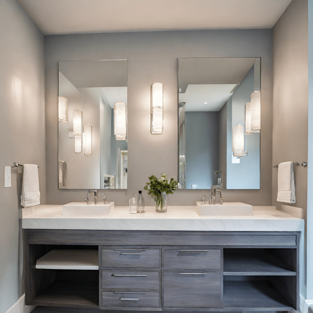 Modern bathroom with a gray vanity and white countertop, complemented by vertical light fixtures and dual mirrors.