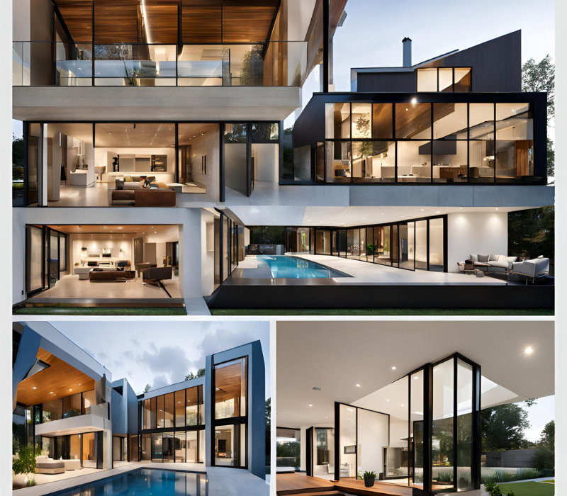 Custom Home Builders:Modern multi-story house with large windows, open interiors, and an outdoor pool, showcasing luxurious architecture and design.