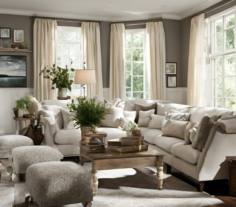 Classic living room with elegant furniture, large windows, and traditional decor.