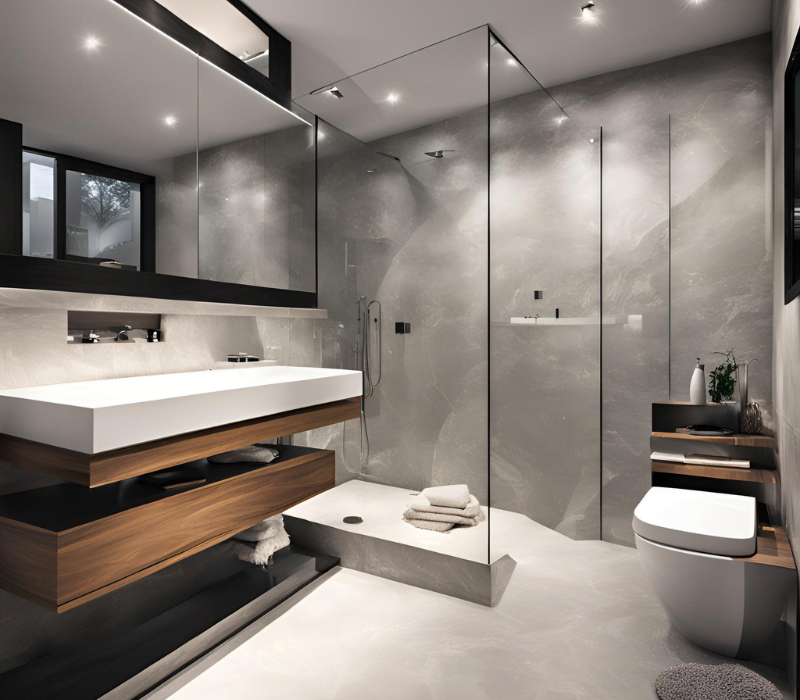 Modern bathroom with sleek design, glass shower enclosure, floating vanity, and contemporary fixtures.