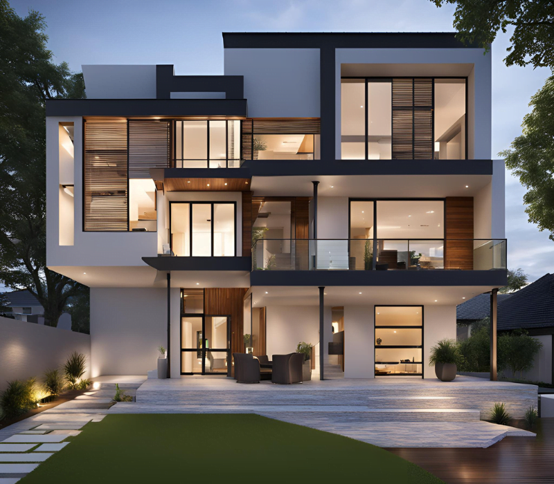 Sleek modern home with expansive glass windows, minimalist design, and outdoor seating area.