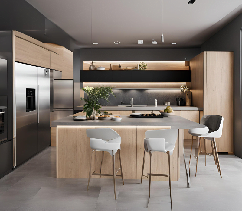 Modern kitchen with sleek appliances, wooden cabinets, and a spacious island