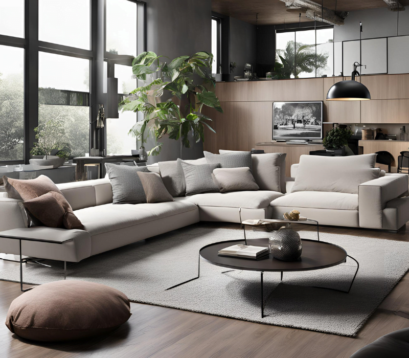 Contemporary living room with large windows, a sectional sofa, and modern decor.