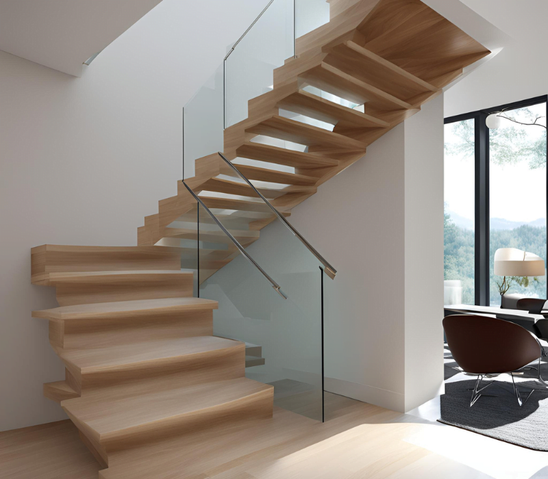 Modern staircase with wooden steps and glass railings in a bright, minimalist interior.