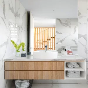 Modern Floating Bathroom Vanity featuring a flat-panel wood finish, open shelving, and a round vessel sink.