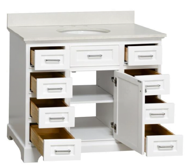 a white freestanding single bathroom vanity with multiple open drawers and cabinets, featuring ample storage space.