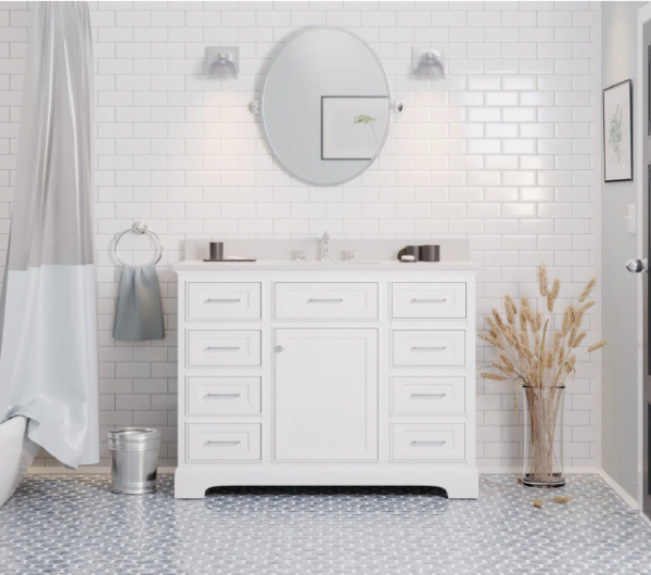 a freestanding single bathroom vanity with a white finish, featuring multiple drawers and cabinets, set against a white subway tile wall in a modern bathroom.