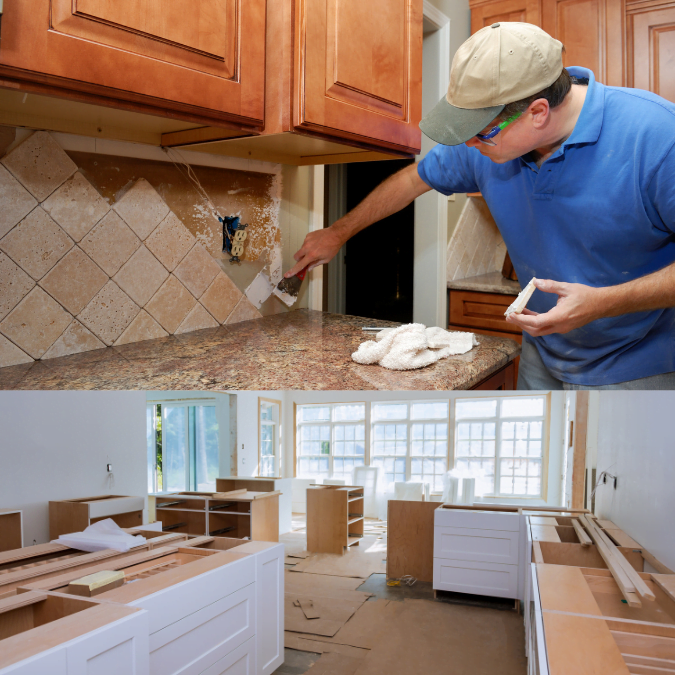 Two workers installing cabinets in a kitchen under renovation.