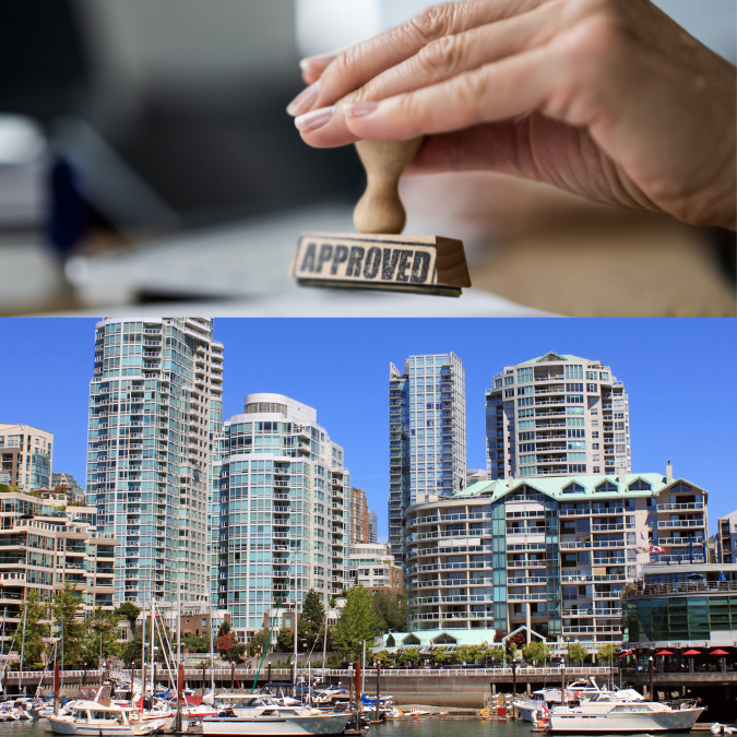 A hand stamping "Approved" on a document, with a background image of modern high-rise buildings by the waterfront.