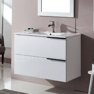 Modern White Bathroom Vanity with a sleek design and minimalist faucet.