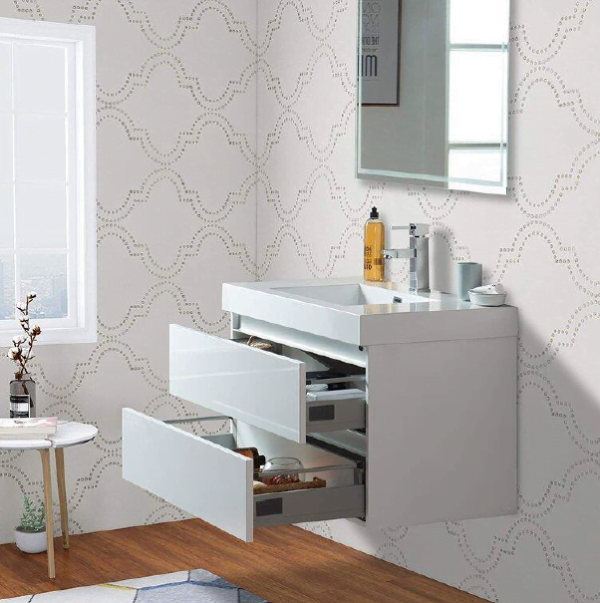 modern bathroom with a white gloss floating vanity featuring open drawers and a minimalist design.