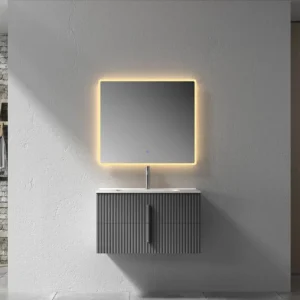 Modern grey floating vanity with an LED mirror in a contemporary bathroom setting.