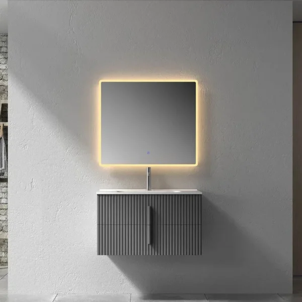 modern grey floating vanity with an led mirror in a contemporary bathroom setting.