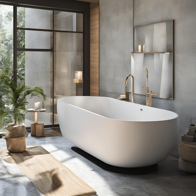 Modern freestanding bathtub in a minimalistic bathroom with large windows