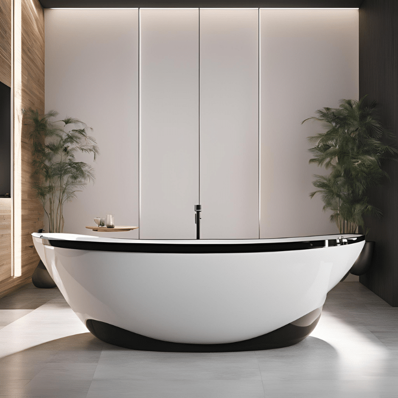 Freestanding bathtub Vancouver in a spacious bathroom with a garden view