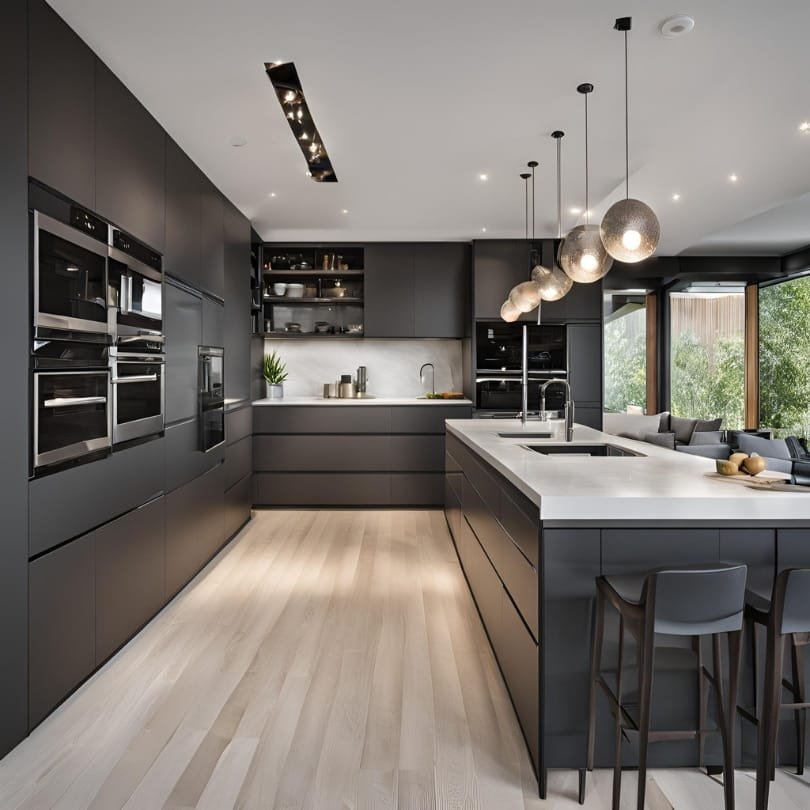 Modern black kitchen with island and pendant lighting - Kitchen and Bath Renovation BC