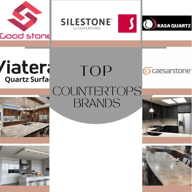 Collage of top countertop brands including Good Stone, Silestone, Kasa Quartz, Viatera, and Caesarstone.