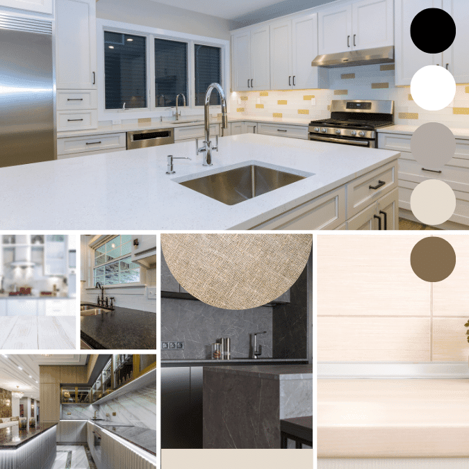 Collage of kitchen countertops showcasing various quartz and alternative color options