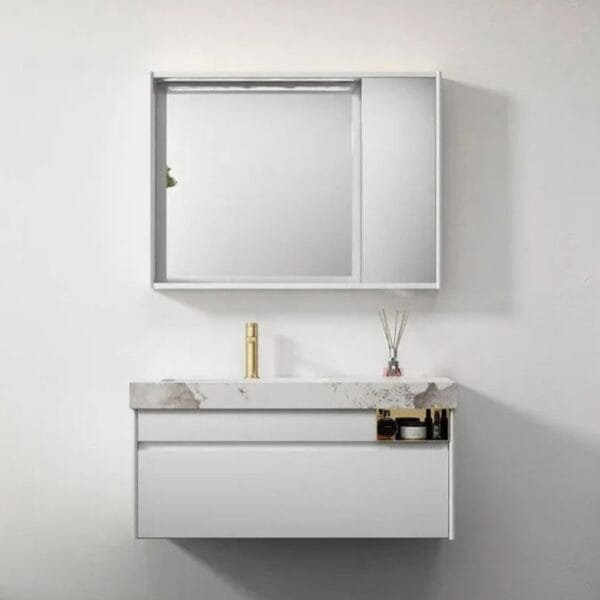 39-inch bathroom vanity with marble countertop, sleek white cabinet, and illuminated mirror for modern bathrooms.