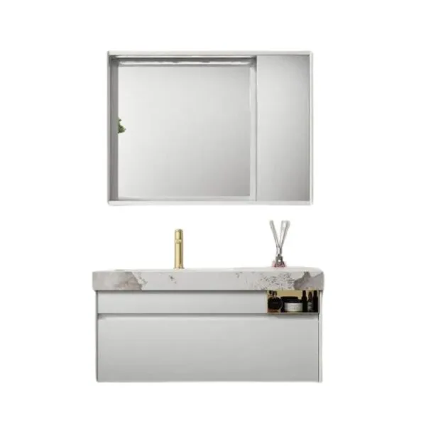 39-inch white bathroom vanity with marble countertop, storage cabinet, and LED illuminated mirror.