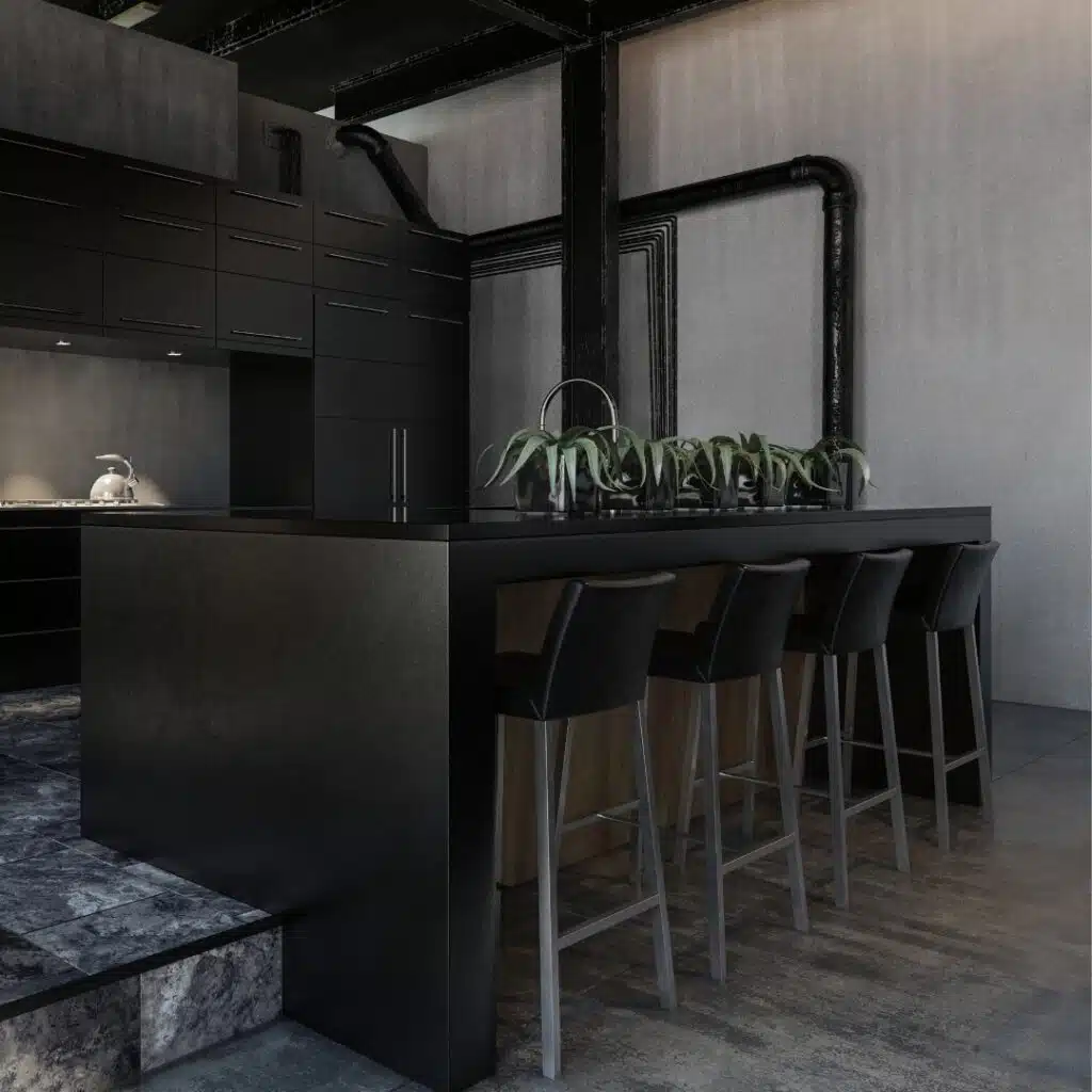 Kitchen renovations in North Vancouver featuring a sleek black modern design with an island, bar stools, and greenery