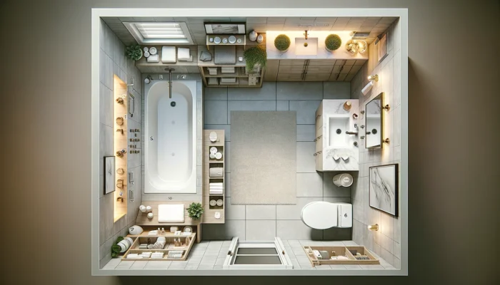 Top-down view of a modern 8x5 bathroom layout with tub, floating vanity, wall-mounted toilet, and spa-style decor.