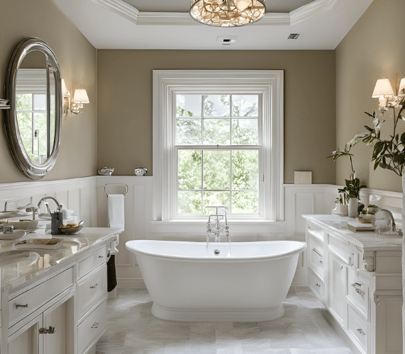 Elegant, fully remodeled bathroom with a freestanding tub and decorative finishes