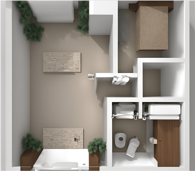 top-down view of a bathroom remodel layout with designated areas for fixtures and furniture.