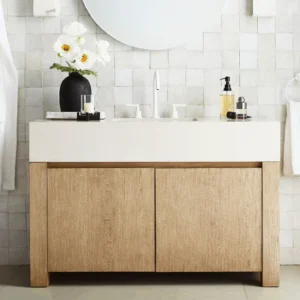 A modern 42 Inches Bathroom Vanity with a natural wood finish, featuring a minimalist design and a sleek white countertop.