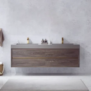 Modern double floating bathroom vanity with sleek wood finish and dual sinks