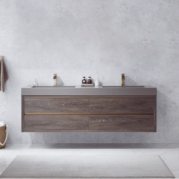 modern double floating bathroom vanity with sleek wood finish and dual sinks