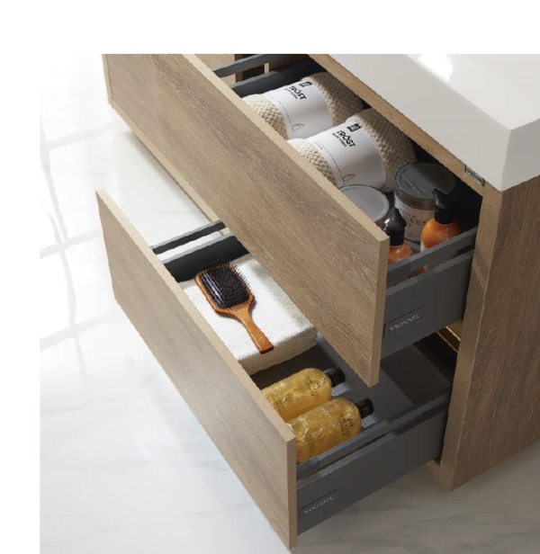 modern bathroom with a freestanding wood-finish vanity cabinet, white countertop, and gold accents.