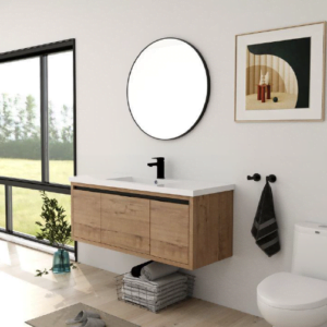 Modern bathroom with a single bathroom vanity in a wood finish, black faucet, and round mirror.