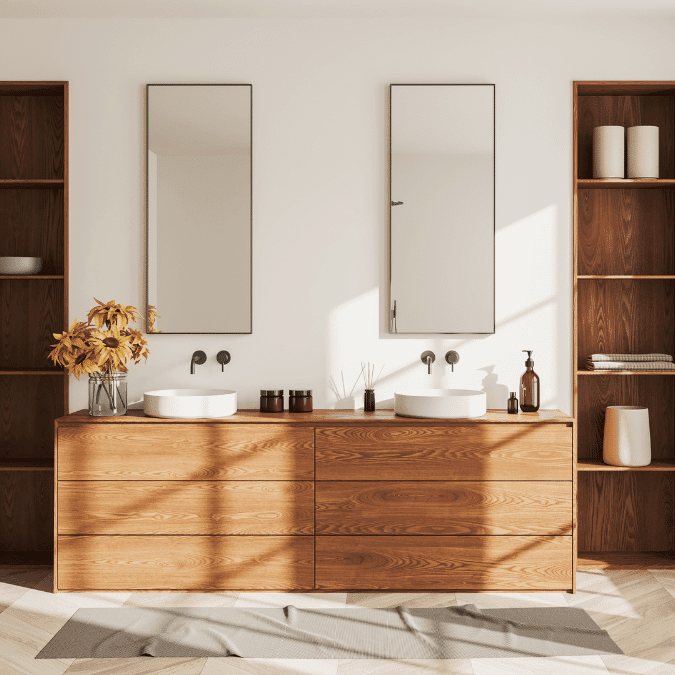 A modern double-sink wooden bathroom vanity with sleek vessel sinks, tall mirrors, and open shelving on both sides, showcasing a minimalist bathroom vanity ideas.