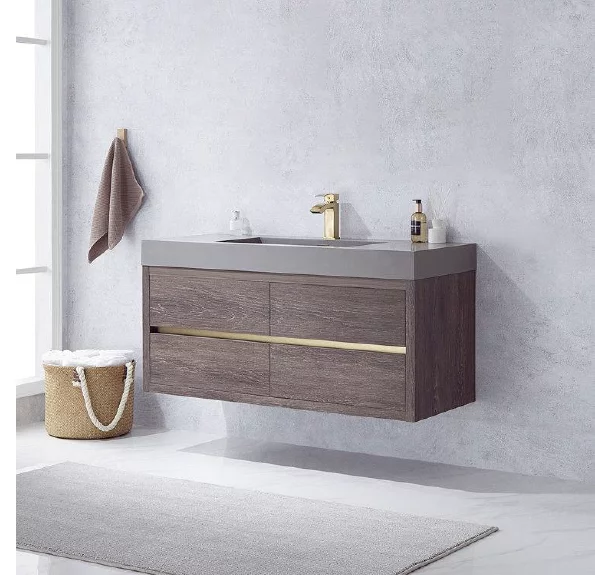 single floating bathroom vanity with a modern wood finish and a sleek design.