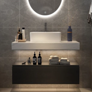 Custom floating bathroom vanity with open drawer, quartz countertop, and under-cabinet lighting in a modern bathroom